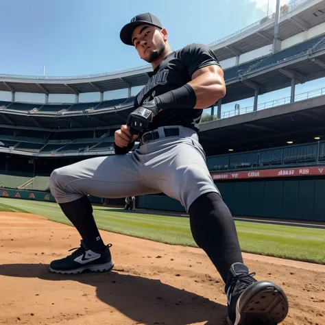 28years old,One Man, baseball players with dreams、Muscular、 gray uniform 、 gray uniform パンツ、 black belt、 Black Gloves 、 black spike shoes。Black baseball hat、Muscular、Baseball Stadium。Step on the base 、 legs open、 arabic face　Stolen bases　View from below　