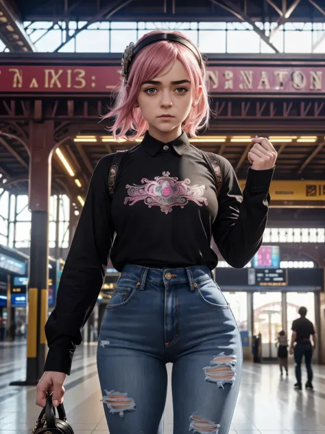 (masterpiece), (best quality), (Highres), Detailed, (Inricate Details 1.2), (Hyper Detailed 1.4), (Ornate Digital Art 1.2), absurdres, 1girl, small breasts, ass, hair ornaments, solo, pink hair, (black shirt:1.3), jeans, (train station:1.2) running, thighs...