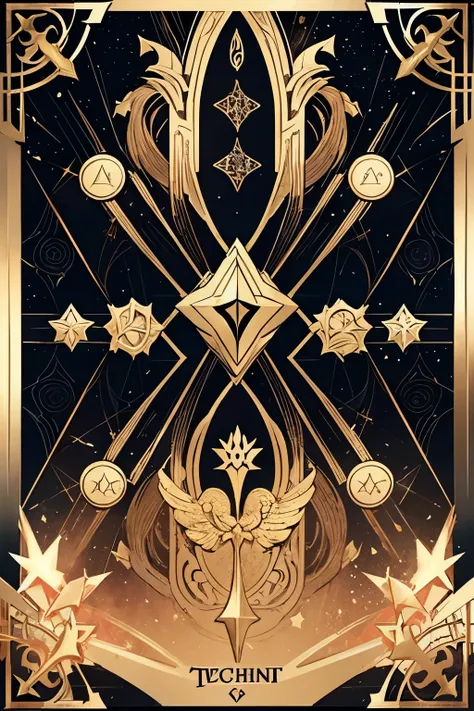  tarot card design , VIII STRENGTH, Dark colorful background , Gold-adorned border , Empty space at the bottom of the card to write a phrase ,  Geometric patterns and symbols symbolizing courage and determination,  Add fireworks and glowing effects to the ...