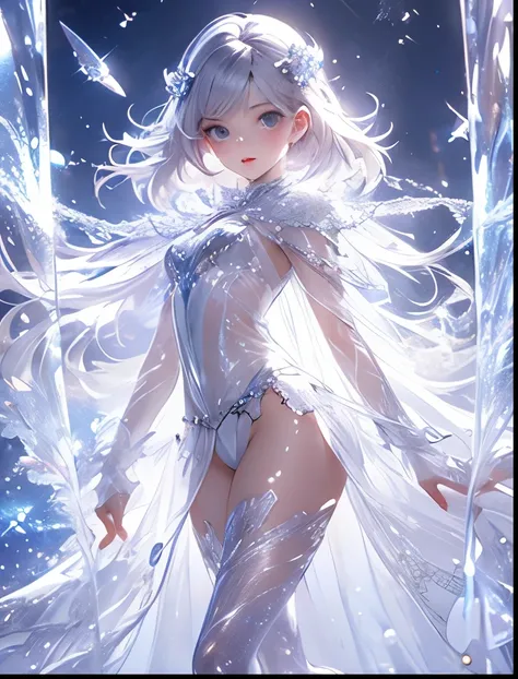 （（（ＳＦＷ、Precision、Highest quality、A first-class masterpiece、Normal body、8k、  Detailed Face 、Ultra-precision、 Normal hand、５refer to、Highest）））、Neat, pretty, ish, cute, silver-haired girl wearing a brainwashing transparent, transparent, super high-leg costume