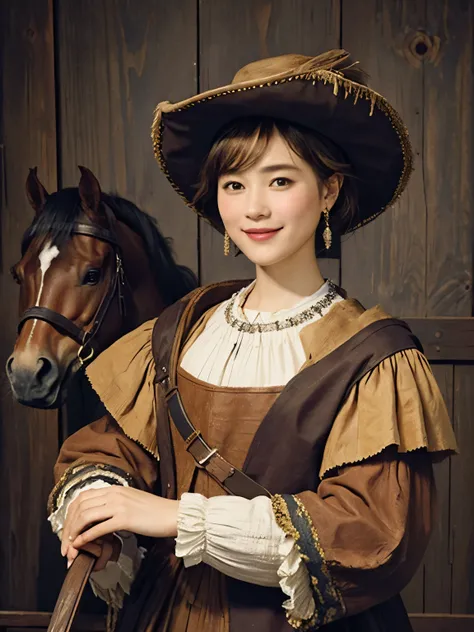 327 (20 year old woman and horse ), ( super real ), (horse barn、There is a horse), ( short hair), (smile), (( gorgeous costume、 colorful )), (( Rembrandt-style painting))