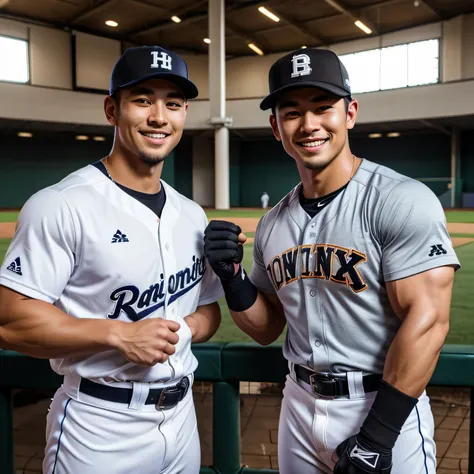 30years old, 2 guys, baseball players with dreams、Muscular、White uniform、White uniformパンツ、 black belt、 Black Gloves 、Black baseball hat、Muscular、Baseball Stadium。cool batting 、The face of a handsome Japanese person　　 upper body up 　smile