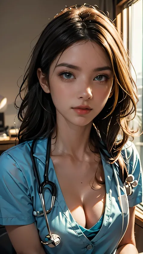 (((HD photo))), ultra high res.photorealistic, UHD, masterpiece, trending on artstation, portrait, pov, 1girl, pretty, cute face, most beautiful in the world,  soft, delicate, detailed eyes, detailed hair, cleavage, (long red hair), (wearing white doctor u...