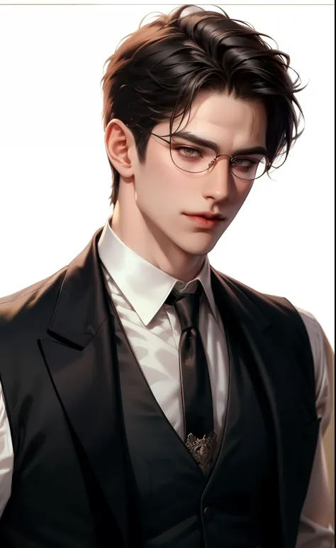 (masterpiece, best quality,ultra_ detailed, high resolution, Ridiculous Results ), 1 mature male , Case 30, (Broad shoulders), ( Muscular), male focus , unique , brown undercut hairstyle , chain, shirt, black tie, tie, simple background, yellow eyes , ...