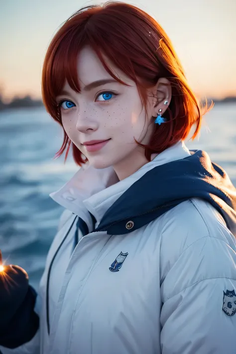 {{{masterpiece}}}, {{{ best quality}}}, {{ super detailed}}, { Film Lighting },  {beautiful detailed eyes}, Software ,(Alone:1.3), ( girl:1.3), winter、sea、nature、noon、snow、 (Freckles, no bangs , short twin hair , short hair, curl underface  )、（ full body）,...