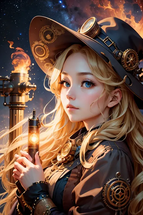  steampunk 。  one woman。 Steampunk witch 。Wavy 、   blond long hair   。  uses a mysterious observation device、Astronomical Observation 。The background is a galaxy。