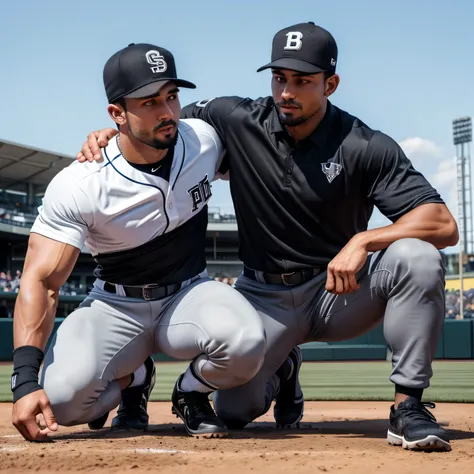 28years old, 2 guys, baseball players with dreams、Muscular、 gray uniform 、 gray uniform パンツ、 black belt、 Black Gloves 、 black spike shoes。Black baseball hat、Muscular、Baseball Stadium。Step on the base 、 legs open、The face of a handsome Arabian guy　Stolen ba...