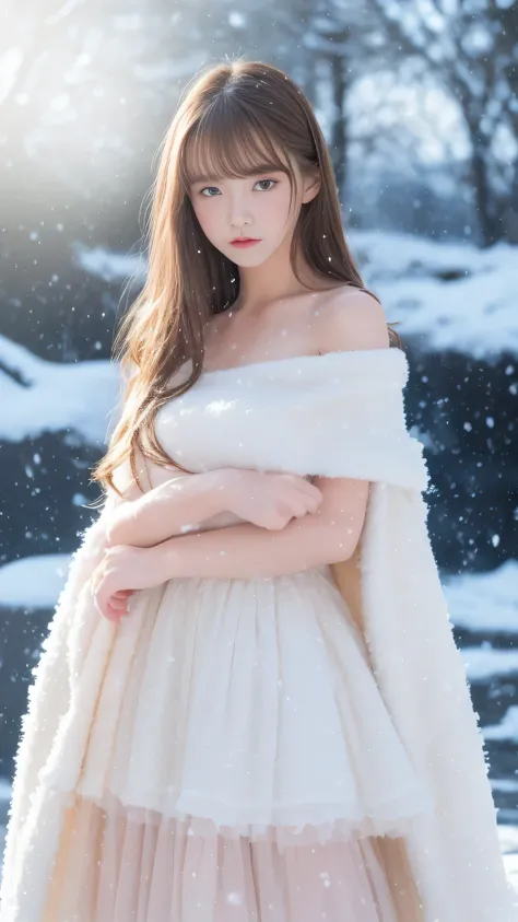 (highest quality, 8k, 32K，details are very clear),realistic, High resolution, 1 Japanese women, alone, (lolita costume)，luxurious costume，facing the audience，(Upper body，upper limbs)， beautiful eyes, brown hair, ring-shaped eyes, (outside，heavy snowfall，th...