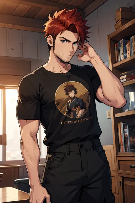 high detailed digital anime art, fine details. anime,8k, masterpiece, hi-resolution, best quality, hi-res, Top Quality, High Quality, High Resolution, man, auburn hair, fade haircut, hazel eyes, sideburns, black t-shirt, cargo pants, athletic, tall, inside...