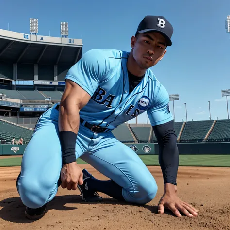 28years old,One Man, baseball players with dreams、Muscular、Light blue uniform、Light blue uniformパンツ、 black belt、 Black Gloves 、 black spike shoes。Black baseball hat、Muscular、Baseball Stadium。Step on the base 、 legs open、The face of a handsome American　Stol...