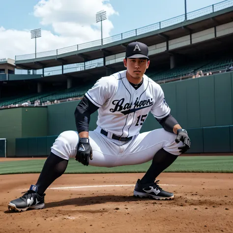 25years old,One Man, baseball players with dreams、Muscular、White uniform、White uniformパンツ、 black belt、 Black Gloves 、 black spike shoes。Black baseball hat、Muscular、Baseball Stadium。Step on the base 、 legs open、The face of a handsome Japanese person　Stolen ...