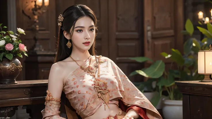 (raw photos:1.2), (realistic:1.4), (Masterpiece:1.3), (best quality:1.4), Ultra high resolution, (Detailed eyes), (Detailed facial features), (Detailed clothing features), HDR, 8k resolution, Focus only, Dressing according to Thai tradition, Traditional sh...