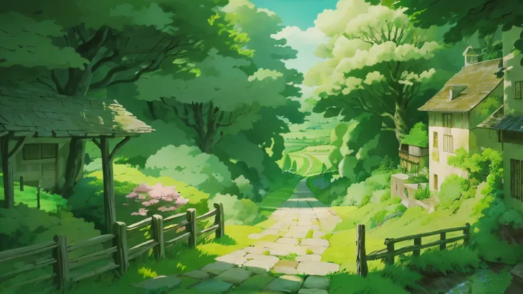 animesque、Background art、Beautiful Landscapes、Natural objects、Studio Ghibli style、You can feel the feel of the brush、countryside view ,landscape
