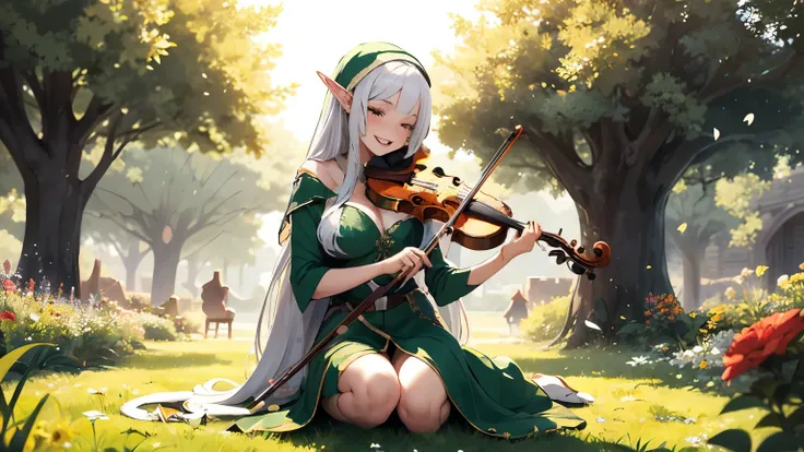 beautiful adult elf woman big breast with long flowing white hair long leg ,wearing green sexy gown , kneel on the grass at the garden of flower , playing violin , happy face  , medieval town , warm sunlight shines , dappled warm glowing particle of dust s...