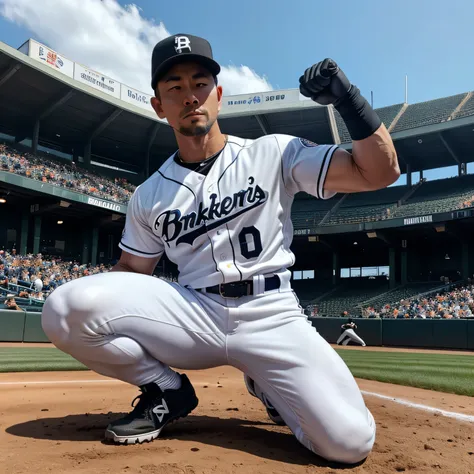 33years old,One Man, baseball players with dreams、Muscular、White uniform、White uniformパンツ、 black belt、 Black Gloves 、 black spike shoes。Black baseball hat、Muscular、Baseball Stadium。Step on the base 、 legs open、Ichiros face 　Stickman Pose　View from below