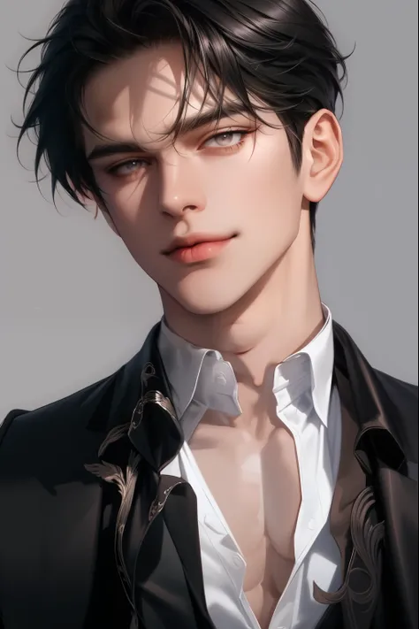 (Masterpiece, Best Quality, Super Detailed, High Resolution, Ridiculous Results), 1 Mature Male, Case 30, (Broad Shoulders), (Muscles), Male Focus, Alone, Black Hairstyle, Chain, Shirt, Black Tie , tie, simple background, dark eyes, upper body, vest, mediu...