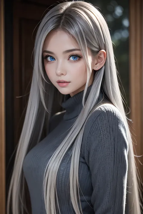  best quality, masterpiece,Gray Hair,  blue eyes,  upper body,Beautiful background, 1 girl ,  flowing hair