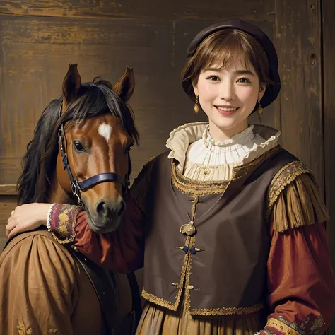 327 (20 year old woman and horse ), ( super real ), (horse barn、There is a horse), ( short hair), (smile), (( gorgeous costume、 colorful )), (( Rembrandt-style painting))