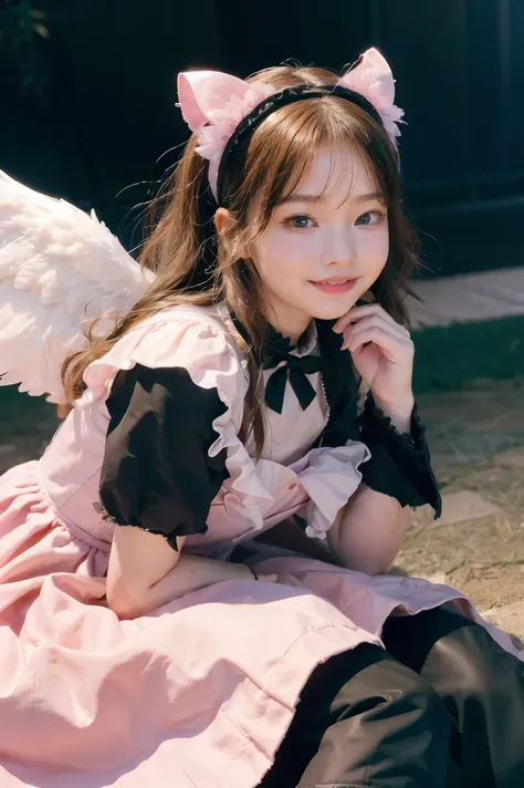 Anime Style、story、、Beautiful girls、very cute angel、Pink Gothic Dress、cute、baby face、smile、Long skirt、Black boots、Very cute headband