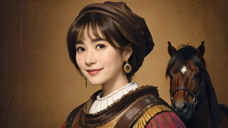 327 (20 year old woman and horse ), ( super real ), (horse barn、There is a horse), ( short hair), (smile), (( gorgeous costume、 colorful )), (( Rembrandt-style painting))