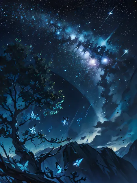 masterpicece, best quaility, black night, clear sky, shooting star, blue butterfly, starlight, old tree, fantastic, Detailed background depiction