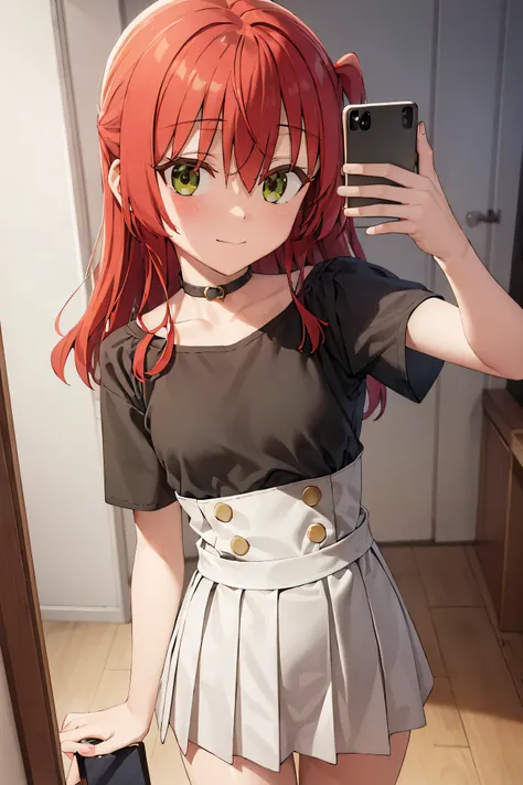 1 girl, best quality, ultra high res, long hair, red hair, green eyes, black shirt, short sleeves, white short, pleated short, blooking at viewers, small breast, standing, pov, slim body, loli body, , smile, room, iphone, hold the cell phone, mirror selfie