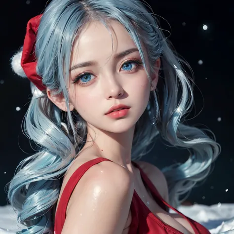 ((masterpiece)), ((best quality)), ((ultra-detailed)),((hyperrealistic)),((shiny skin)),1girl,medium hair,wavy hair,light blue hair,((drill hair)),((light blue eyes)),((tareme)),((big breasts)),,dynamic angle,santa claus,red crop top,portrait,face close-up...