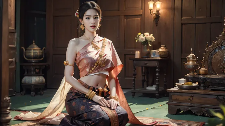 (raw photos:1.2), (realistic:1.4), (Masterpiece:1.3), (best quality:1.4), Ultra high resolution, (Detailed eyes), (Detailed facial features), (Detailed clothing features), HDR, 8k resolution, Focus only, Dressing according to Thai tradition, Traditional sh...