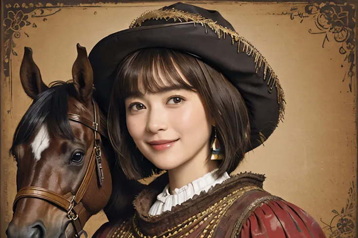 327 (20 year old woman and horse ), ( super real ), (horse barn、There is a horse), ( short hair), (smile), (( gorgeous costume、 colorful )), (( Rembrandt-style painting))