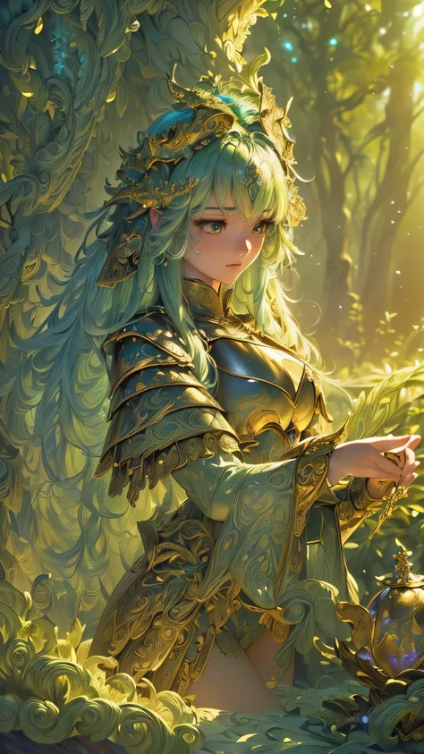 (( best quality)),( ultra high resolution with forest background),( super detailed),( detailed description ),(( best CG )),(masterpiece), Highly Detailed Art ,( Art with Precise Details:1.5),, beautiful fantasy art with intricate detail , (Flowing Light:1....