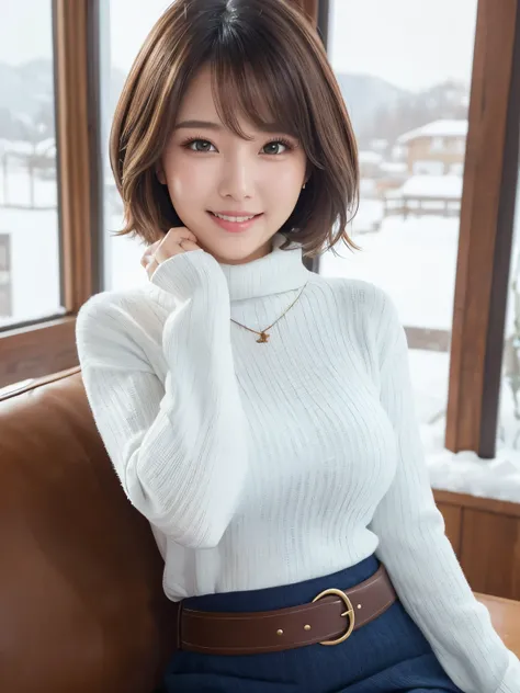 (from front),((white striped turtleneck sweater)),(blue A-line skirt),(Scenery of snow piled up through a window),((Western-style living room)),(( best quality)), Realistic,  very detailed,  in fine detail, (( high definition )), 8k,((smile)),((From the wa...