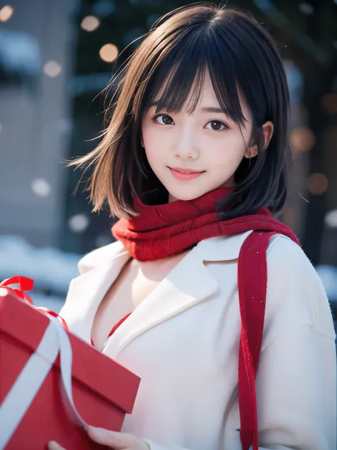 (Close-up face shot of one slender small breasts two side up black medium hair with bangs girl in a winter white long coat, knit sweater and red scarf:1.5)、(One girl is holding a big gift box on glove hands with happy smile:1.5)、(Very beautiful Christmas i...