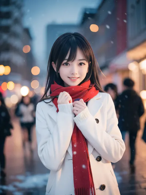 (Close-up face shot of one slender small breasts two side up black medium hair with bangs girl in a winter white long coat, knit sweater and red scarf:1.5)、(One girl is dancing with happy smile:1.5)、(Very beautiful Christmas illumination night:1.5)、(Heavy ...