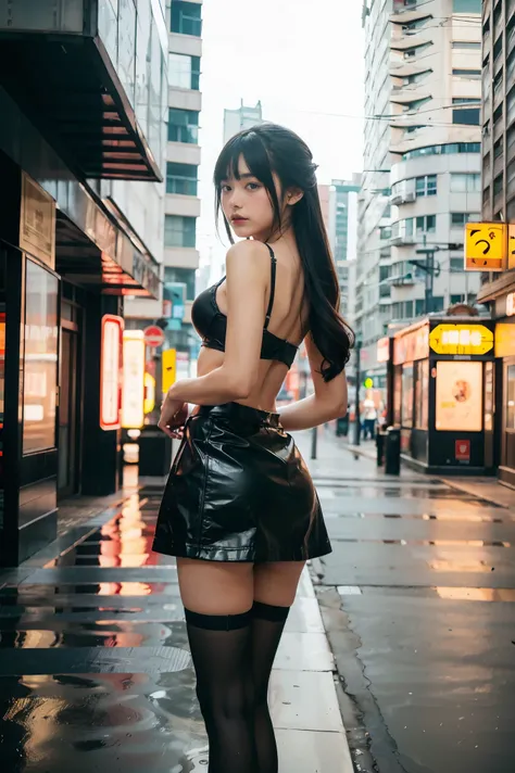 1 girl standing on city street in leather skirt and black erotic lingerie, long-haired Ilya Kuvshinov, Guviz style artwork, anime art wallpaper 8 K, Guvitz on art station Pisif, Guwiz on Pisiv art station, cyberpunk anime art