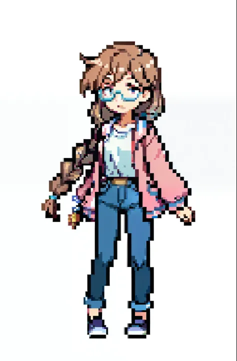 pixel art of a girl, full length, copper hair, one long braid, glasses, pink jacket, light-blue jeans, white shirt, white background