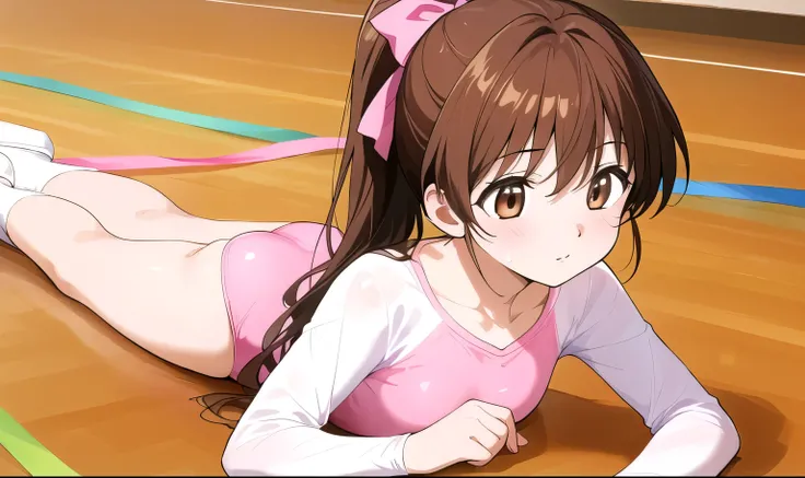 there are three pictures of a young pretty anime girl posing on a floor with a ribbon, 1girl, pink leotard, leotard, solo, athletic leotard, brown hair, ponytail, long hair, brown eyes, lying, gymnastics, blush, sweat, on stomach, ass, breasts, bangs, hair...