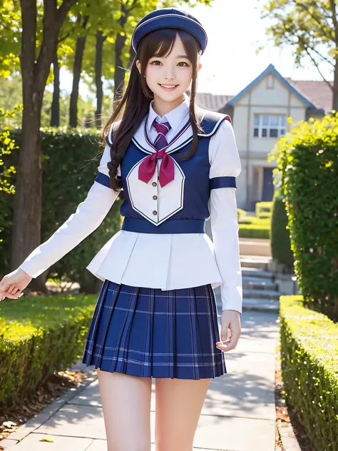  best quality　masterpiece　 Details　 is walking with a smile　Super cute high school girl in a well-styled miniskirt uniform 　Photo style　 imaginary　 fantasy 　 real