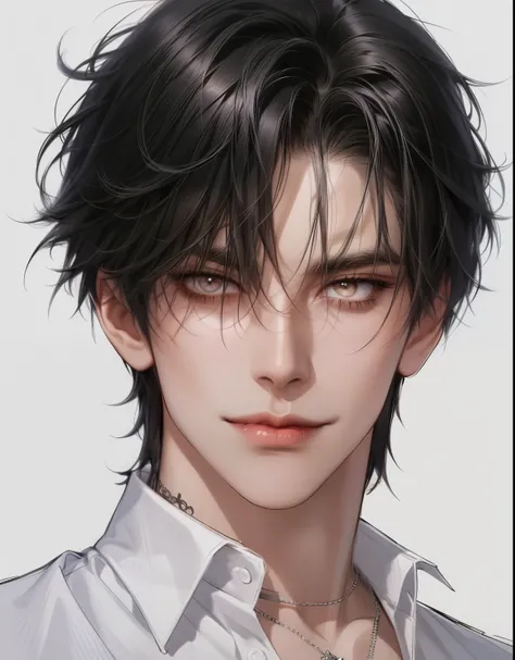 (Masterpiece, Best Quality, Super Detailed, High Resolution, Ridiculous Results), 1 Mature Male, Case 30, (Broad Shoulders), (Muscles), Male Focus, Alone, Black Hairstyle, Chain, Shirt, Tie, Simple background, dark eyes, upper body, tank top, medium to lon...