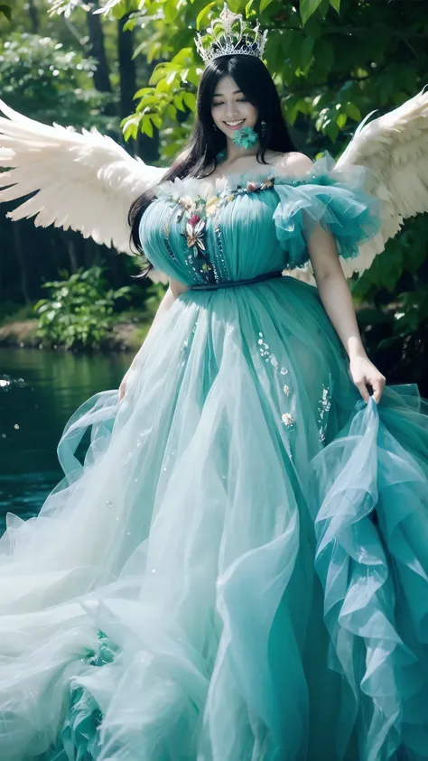 (horible horror beauty) below the forest trees beautiful big wings on back shoulder,middle-aged french tall and thick woman in m...