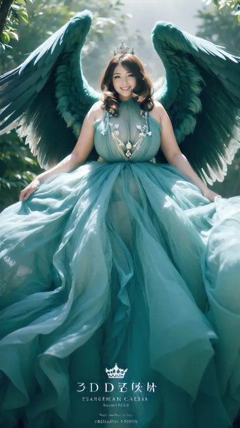 (horible horror beauty) below the forest trees beautiful big wings on back shoulder,middle-aged french tall and thick woman in m...