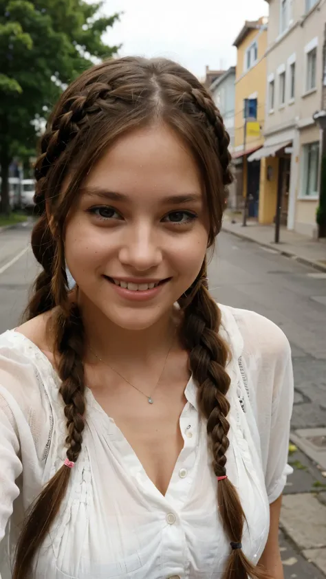 A 27 year old girl, brown hair, with braids,  smiling.  The photo was taken with an iPhone and it doesnt look professional.  It seems that a normal person took the photo with their cell phone 