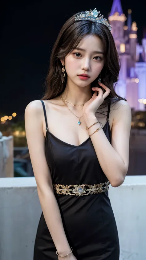 goddess、devil、8k, , masterpiece, Realistic,  very cute ,  1 Japanese idol ,  Big Breasts 、20 years old, Smog Makeup,  very long hair ,  princess hairstyle,  detail eyes,  detailed lips from home, Medium,  Very Detailed Dress, ( black dress:1.5), ( strap:1....