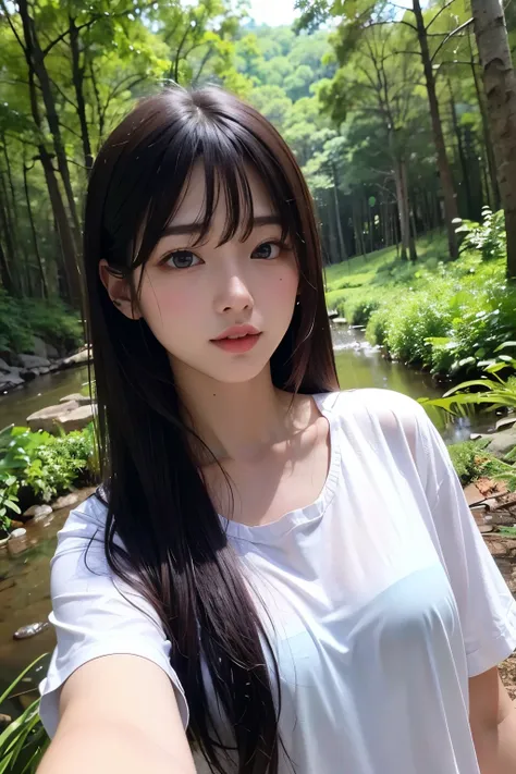 ( best quality,8k,32K,masterpiece, ultra high resolution with forest background:1.2),

 cute japanese girl , long black hair,bangs,

 Wearing a wet white shirt、