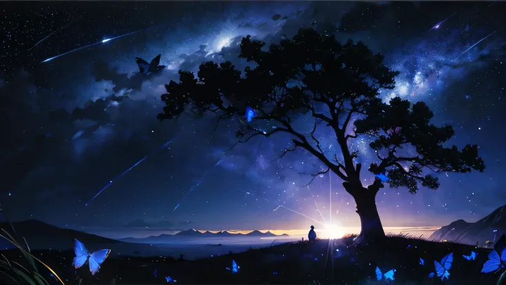 masterpicece, best quaility, black night, clear sky, shooting star, shining blue butterfly, butterflies are flying, starlight, old tree, fantastic, Detailed background depiction