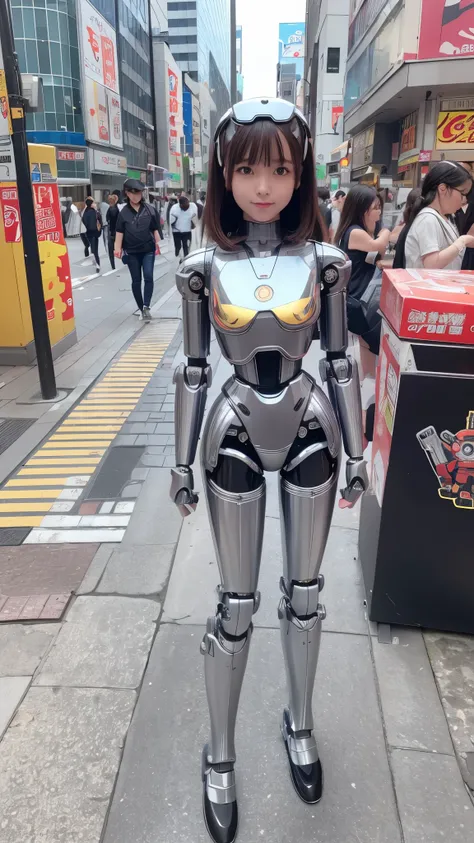 Photorealsitic:1.4, Robot girl, body like a tin toys robot, Super Detailed Face, Super well-formed face, a small face, a small head, Brown hair, Idol, front facing, Well-proportioned body, Standing with legs open, Street of Akihabara, Perfect Robot Girl, p...