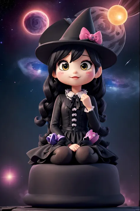 a hello kitty in a black gothic clothes, a birthday hat. sitting in a galaxy (It is written in large letters in the sky "FELIZ ANIVERSÁRIO DE 16 ANOS MINHA PRINCESA SARA BEBEZINHA")hello kitty is SO HAPPY at a birthday party with cinnamorroll