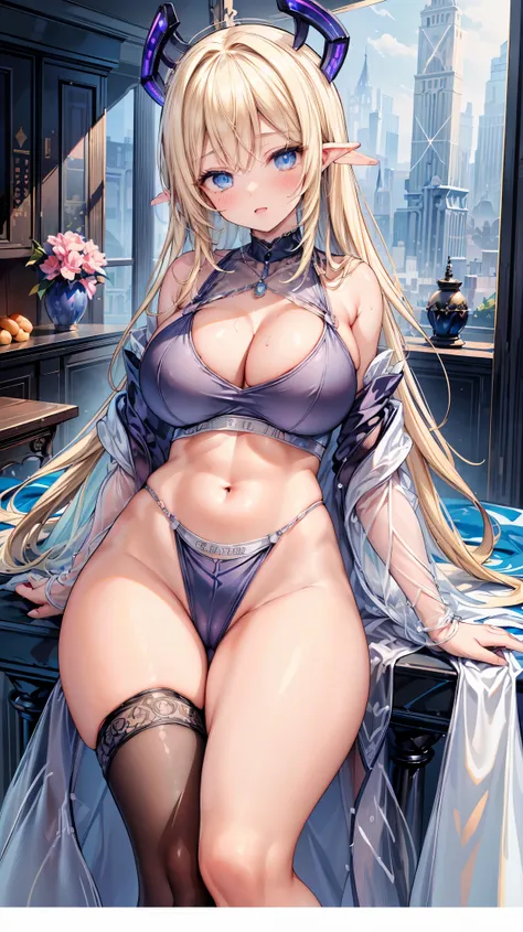 ( Beautiful Blonde Woman ),  laughs, blue eyes, (insanely big breasts:1.6),  cleavage, Necklaces , cowboy shot,( crotch open when found by a man:1.5), (Im wearing a lace high-leg thong:1.5)、 (detailed crotch area:1.7), (groin area:1.6), (SFW Giant:1.3),  N...