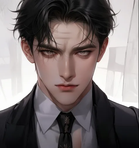 (Masterpiece, Best Quality, Super Detailed, High Resolution, Ridiculous Results), 1 Mature Male, Case 30, (Broad Shoulders), (Muscles), Male Focus, Alone, Black Hairstyle, Shirt, Tie, Simple Background , dark eyes, upper body, vest, messy short and medium ...