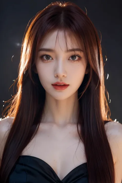 red hair, blunt bangs, bangs, long hair, hair spread out, straight hair, shiny hair, glowing eyes, longeyelashes, amber eyes, makeup, evil smile, blush, fangs, Surrealism, chiaroscuro, cinematic lighting, silhouette, drop shadow, UHD, masterpiece, anatomic...