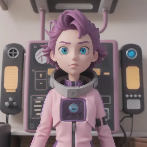 photo of a college student, Purple-Pink Gradient, futuristic space suit, (freckles:0.8) cute face, sci-fi, dystopian, detailed eyes, Heterochromia eyes（（Side view））Back Room